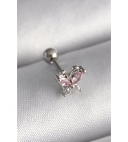316L Çelik Gümüş Renk Pembe Zirkon Taşlı Kelebek Tragus Piercing 5886 - HPSBYI9523-2605