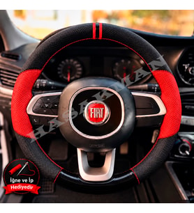 Fiat Egea Hatchback Dikme Direksiyon Kılıfı Parlak Siyah Kırmızı Detaylı Kırmızı Çift Yüzük ve Dikiş 2016-2021