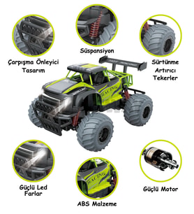Şarjlı Led Işıklı Süspansiyon Sistemli Drift Atan Yüksek Hız Yapan Rüzgarlıklı Off Road Arazi Araba (Yeşil)