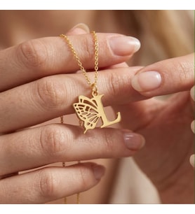 Kişiye Özel 925 Ayar Gümüş Minimal Kelebek Detaylı Harf Kolye (Gold)