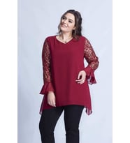 1939 Bordo Kolu Pullu Şifon Büyük Beden Şık Bluz