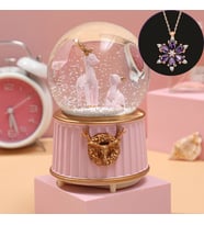 Pembe-Geyikli Orta Boy Işıklı Müzikli Kar Küresi Ve Lotus Çiçeği Kolye