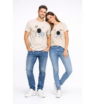 Sevgili Kombini Astronot Baskılı Çift Tişört Oversize Unisex Partner Tişört 2’li Set (Bej)