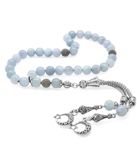 Kararmaz Metal Ayyıldız Püsküllü Küre Kesim Aquamarin Doğaltaş Tesbih (Açık Mavi)