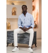Dorss Slimfit %100 Linen (Ham Keten) Uzun Kol Yaka Düğmeli Yazlık Gömlek  (Açık Mavi)