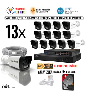 13'lü IP KAMERA-POELİ-5MP-ULTRA HD-4K 1920 ÇÖZÜNÜRLÜK-SESLİ-GECE RENKLİ GÖRÜŞ-İNSAN ve PLAKA ALGILAMALI SET (Beyaz)