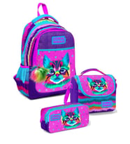 Coral High Kız Üç Bölmeli Okul Sırt Çantası Beslenme Çantası ve Kalemlik Seti Mor Pembe Kedi