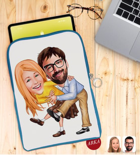 BK Gift Kişiye Özel Sevgililer Karikatürlü Taşınabilir Koruyucu Tablet Kılıfı & Organizer Çanta - Mavi-102