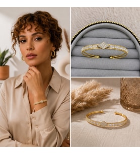 Premium Gold Renk Zirkon Taş Baklava Detay Su Yolu Manşet Tasarım Kadın Bijuteri Bileklik (20cm)