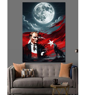 Türk Bayrağı Önünde Atatürk Dekoratif Kanvas - Mdf Ahşap Tablo