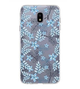 Samsung Galaxy J4 Kapak Floral Mavi Tasarımlı Şeffaf Silikon Kılıf