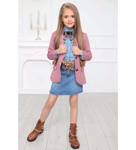 Kız Çocuk Leopar Desenli Fiyonk Detaylı Kot Gömlek Pudra Blazer Ceket Etekli Tak (Pembe)