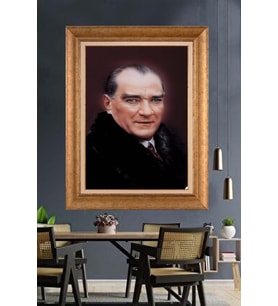 Altın Varaklı Çerçeveli Paspartulu Atatürk Tablo nh485 (Gold)