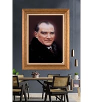 Altın Varaklı Çerçeveli Paspartulu Atatürk Tablo nh485 (Gold)