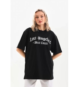 Unisex Baskılı Oversize T-Shirt - Siyah
