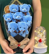 Büyük Boy 7'li Peluş Ayıcık Buketi ve Led Işıklı Beyaz Melekli Fanus (Model 5)