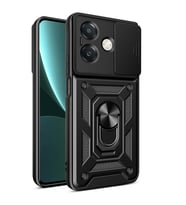Oppo A3x 4G Kılıf Yüzüklü Standlı Sürgülü Kamera Korumalı Tank Sert Silikon Kapak (Siyah)