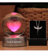 Kişiye Özel Kalp Işıklı Cam Küre 8cm*6cm Melek Kolye Hediyeli