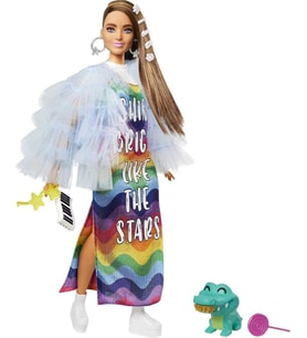 Barbie Extra Renkli Elbiseli Bebek Ve Hayvan Arkadaşı Timsah, Fırfırlı Mavi Paltosu, Aksesuarları Ve (Çok Renkli)