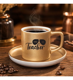 BK Gift Öğretmenlerin Kralı Tasarımlı Mat Altın Türk Kahvesi Fincanı ve Tabağı