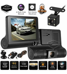 3 Kameralı Kayıt Cihazı Geri Görüş Kameralı Monitör 4.0" 1080P Full HD Park Sensörü Sesli Yol Kayıt