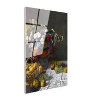 Tamperli Gerçek Cam Tablo Claude Monet Meyveler ve Çiçekler Sepetli Natürmort Ressam Tablosu Dekoru