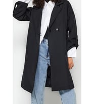 Tasarım Düz Astarlı Yaka Midi Oversize Ceket Kadın Oversize Kuşaklı Su İtici Uzun Trençkot