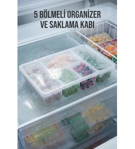 5 Bölmeli Şeffaf Buzdolabı İçi Düzenleyici & Kapaklı Dondurucu Saklama Kabı (24x38 cm)