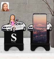 BK Gift Kişiye Özel Plakalı Kadın Seat Leon Karikatürlü Ahşap Biblo Telefon Standı-1