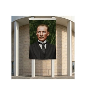 Sivil Takım Elbiseli Gazi Mustafa Kemal Atatürk Portre Poster Bayrak Premium Raşel Kumaş ATA64 2x3m