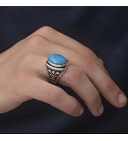 Gümüş Zirkon Turkuaz Taşlı Oval Erkek Yüzük