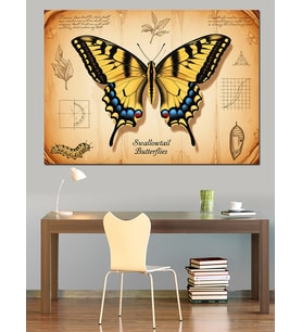 Swallowtail Butterflies Sarı Kırlangıç Kuyruklu Kelebek Eskiz Fonlu Dekoratif Kanvas - Mdf Ahşap Tablo