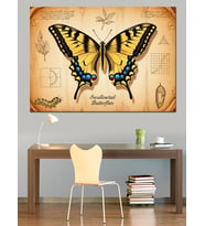 Swallowtail Butterflies Sarı Kırlangıç Kuyruklu Kelebek Eskiz Fonlu Dekoratif Kanvas - Mdf Ahşap Tablo