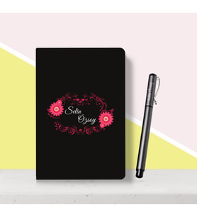BK Gift Kişiye Özel Çiçek Desenli Siyah Defter Kalem Seti-8
