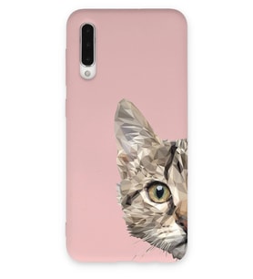 Samsung Galaxy A50s Uyumlu Lansman Kılıf Catface Tasarımlı İçi Kadife Kapak-Pembe (Şeffaf)