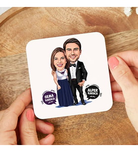 Kişiye Özel Birbirine Yakışan Çiftler Karikatürlü Bardak Altlığı