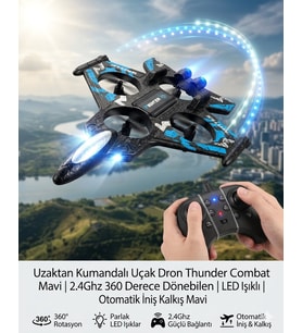 Uzaktan Kumandalı Uçak Dron Thunder Combat Mavi 2.4Ghz 360 Derece Dönebilen LED Işıklı Otomatik İniş Kalkış Mavi
