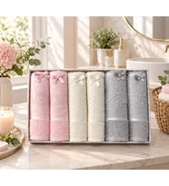 6 Lı Papirüs Güpürlü Kutulu %100 Pamuklu El Yüz Havlu Seti 50 x 90