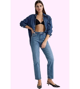Kadın Yüksek Bel Straight Jean Uzun Boy Denim Günlük Stil Hafta Sonu Yaz Aylarının Vazgeçilmezi (Mavi)