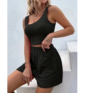 Kadın Askılı Yuvarlak Yakalı Burgu Krop Ve Bluz Short Ikili Takım
