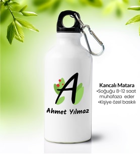 Kişiye Özel Tasarım Baskılı Kancalı Beyaz Çelik Su Matarası 600ml.