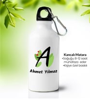 Kişiye Özel Tasarım Baskılı Kancalı Beyaz Çelik Su Matarası 600ml.