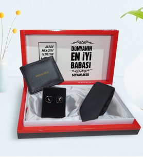BK Gift Kişiye Özel Dünyanın En İyi Babası Tasarımlı Mesajlı Kutuda Cüzdan Kravat ve Kol Düğmesi Hediye Seti-6