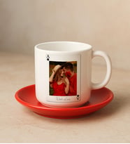 BK Gift Kişiye Özel Aşkımızın Ası Fotoğraflı İskambil Tasarımlı 2'li Kırmızı Tabaklı Türk Kahvesi Fincan Takımı-4, Sevgiliye Hediye, Arkadaşa Hediye, Eşe Hediye