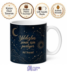 Gece Gökyüzü Altın Yıldızlar Astroloji İsim Eklenebilir Kupa Bardak Hediye