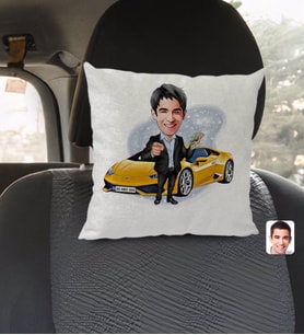 BK Gift Kişiye Özel Plakalı Erkek Lamborghini Karikatürlü Kare Araç Koltuk Yastığı-1