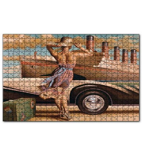 Cakapuzzle Titanik Eski Araba Yeşil Bavullu Genç Kadın Puzzle Yapboz MDF (Ahşap) (120 Parça)