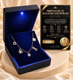 Premium Işıklı Kutuda 925 Ayar Gümüş Nazar Boncuklu Altın Kaplama Zirkon Taşlı Şans Kolyesi Kadın Kolye