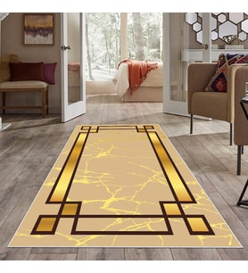 Kahverengi Gold Şeritli Yıkanabilir Kaymaz Taban Leke Tutmaz Modern Salon Halısı ve Yolluk