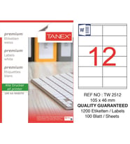 Tanex Lazer Etiket tw-2512 100 A4 Sayfa Laser Etiket 105X46 mm Boyutunda 1 A4 Sayfada 12 Etiket